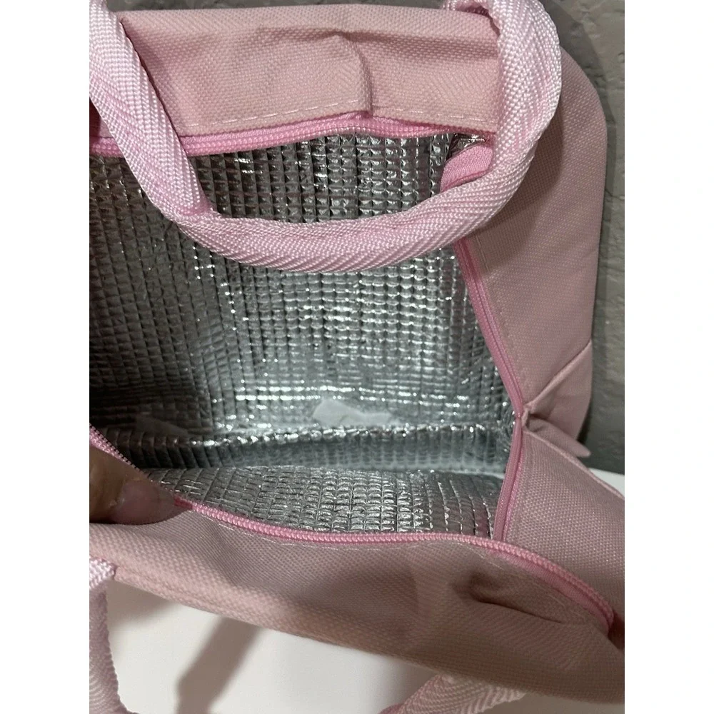 Pink Insulated Kids Lunch Bag w/ Handle, Zipper Closure, Bears Rainbow Stars